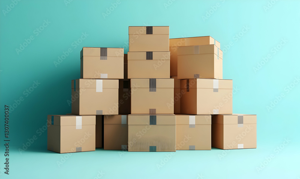 Cardboard boxes stacked, teal background, storage Cardboard boxes stacked, teal background, storage