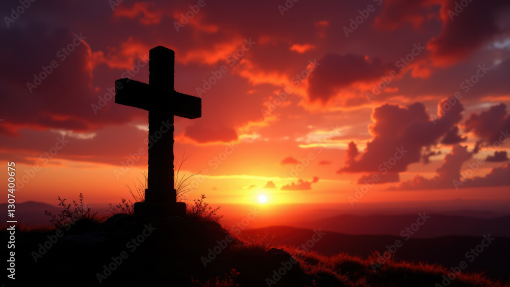 Cross on a hill at sunset with clouds and mountains in the background. Cross on a hill at sunset with clouds and mountains in the background.