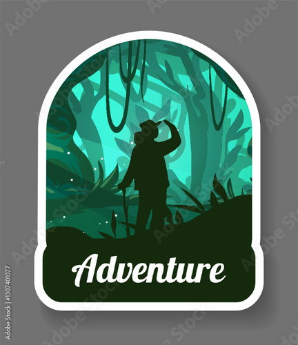 Jungle forest. Hiking adventure. Travel patch. Tree trunks. Tropical wildlife. Tourist silhouette. Rainforest foliage. Mystical landscape. Wilderness expedition. Vector camping label
