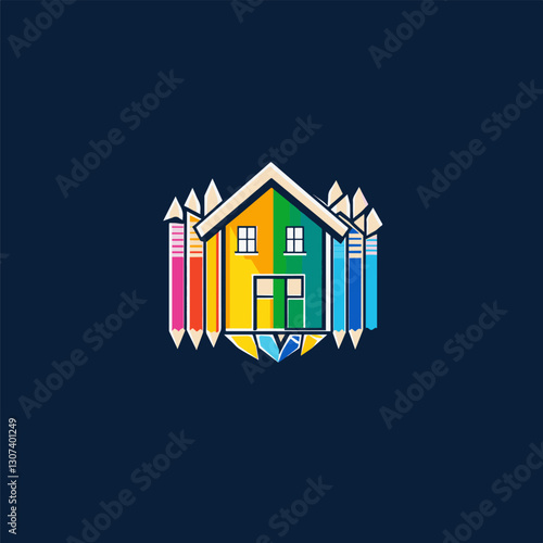 Creative logo with pencil looking like a house. Can be used for interior or exterior design firm, drawing school, architectural or educational