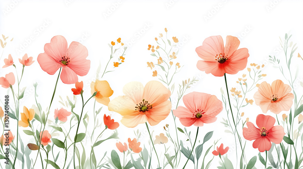 Fototapeta premium Painting of a field of flowers with a white background