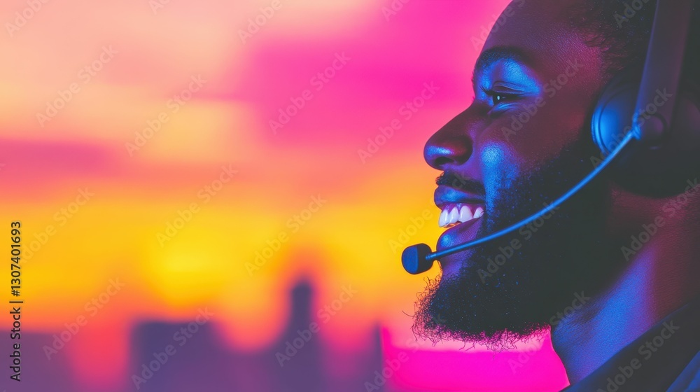 Fototapeta premium Close-up of a smiling call center agent holding a headset, placed on a clean background, inviting and professional, communication and support theme