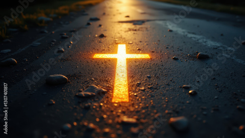 A Christian cross illuminated by sunlight on a road, with rocks scattered on either side.