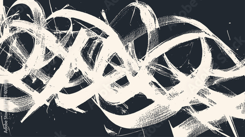 Vector illustration featuring dynamic white brushstrokes on a dark blue background. Abstract fluid lines intertwine and overlap in an expressive, chaotic pattern