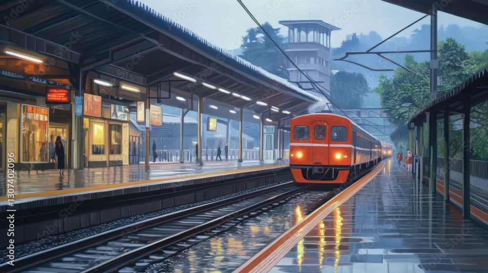 Obraz premium Crimson commuter: wet cityscape train station under heavy rainfall at dusk