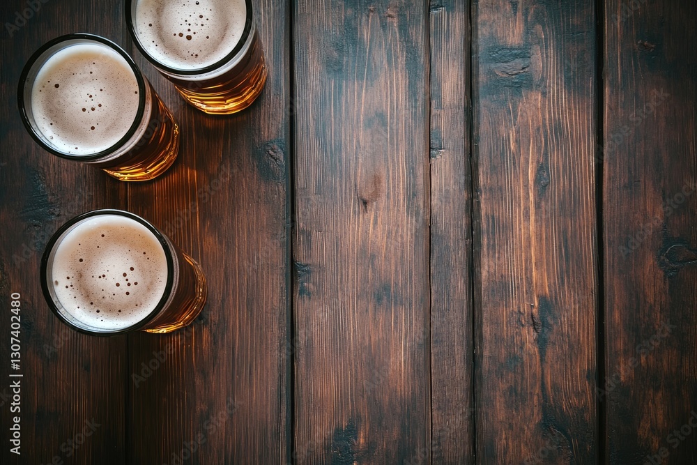 Fototapeta premium Three beer glasses with frothy tops rest on a rustic wooden table with empty space for text. Ideal for brewery branding, pub promotions, and beverage advertisements