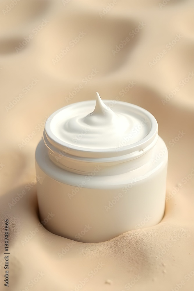 Cosmetic jar placed on sand with soft shadows and natural light reflections. Cosmetic product presentation with background Cosmetic jar placed on sand with soft shadows and natural light reflections. Cosmetic product presentation with background