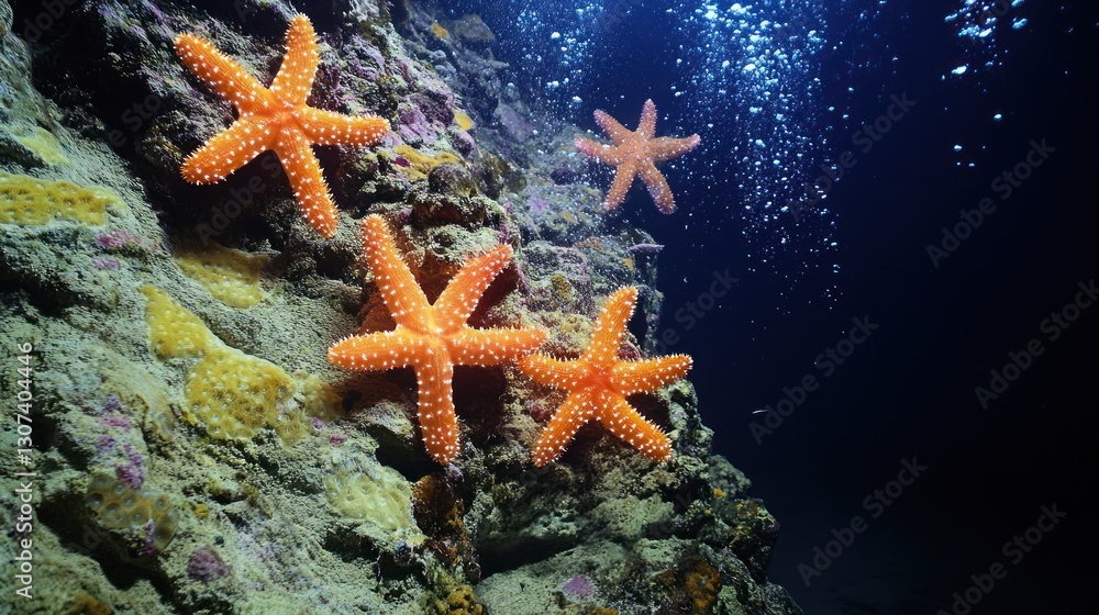 Orange starfish on underwater rock. Orange starfish on underwater rock.