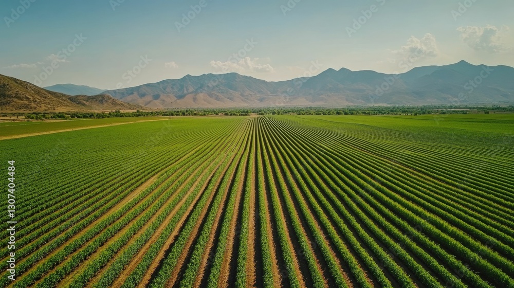 Aerial view of a farmland landscape with rows of crops and a distant mountain range, vibrant natural colors, serene and picturesque rural scene Aerial view of a farmland landscape with rows of crops and a distant mountain range, vibrant natural colors, serene and picturesque rural scene