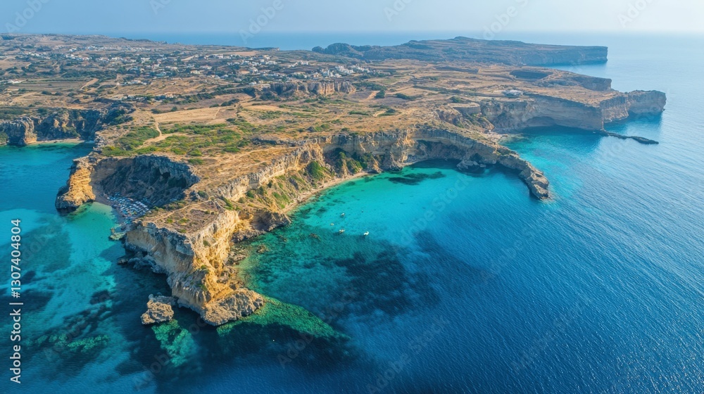 Obraz premium Aerial view of mediterranean island with dramatic coastline and clear blue waters