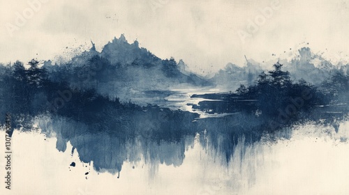 Blue Ink Painting Depicting Mountains Forests and a River