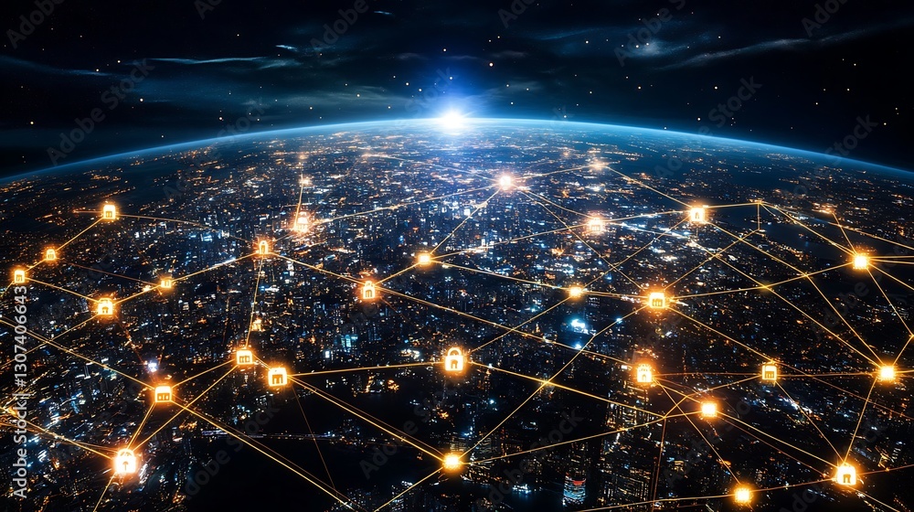 Digital network security connections visualized with the earth and stars Digital network security connections visualized with the earth and stars