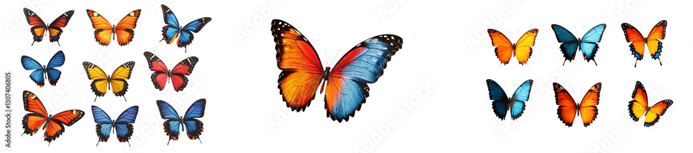 Fototapeta premium On a white background, a beautiful monarch butterfly is isolated, and a set of large monarch butterflies is also isolated, along with the Tawny Coster, known by its scientific names Acraea violae and