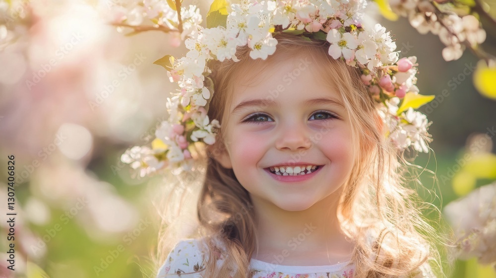 Portrait of a happy girl wearing a flower crown in a spring garden Portrait of a happy girl wearing a flower crown in a spring garden