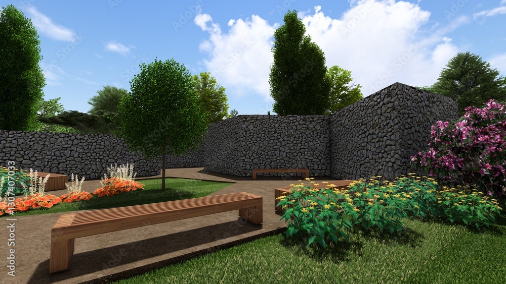 Fototapeta premium 3d image of the landscape design of the home territory. Landscaping of the territory. Computer visualization of composite landscaping and landscaping solutions.