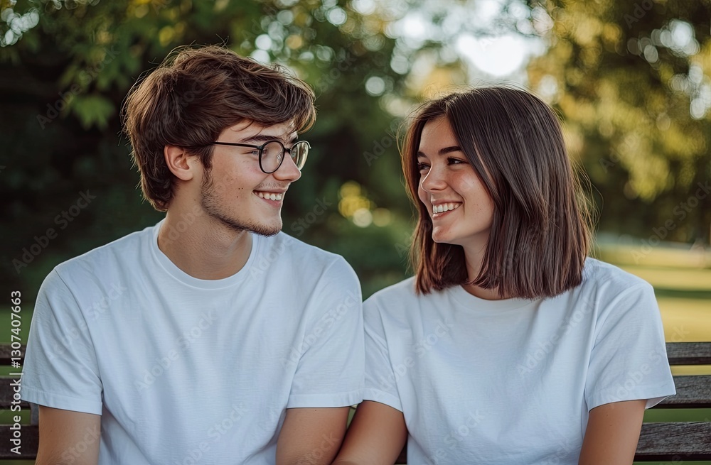 A young couple sits on a bench in a park, smiling and gazing at each other. A young couple sits on a bench in a park, smiling and gazing at each other.