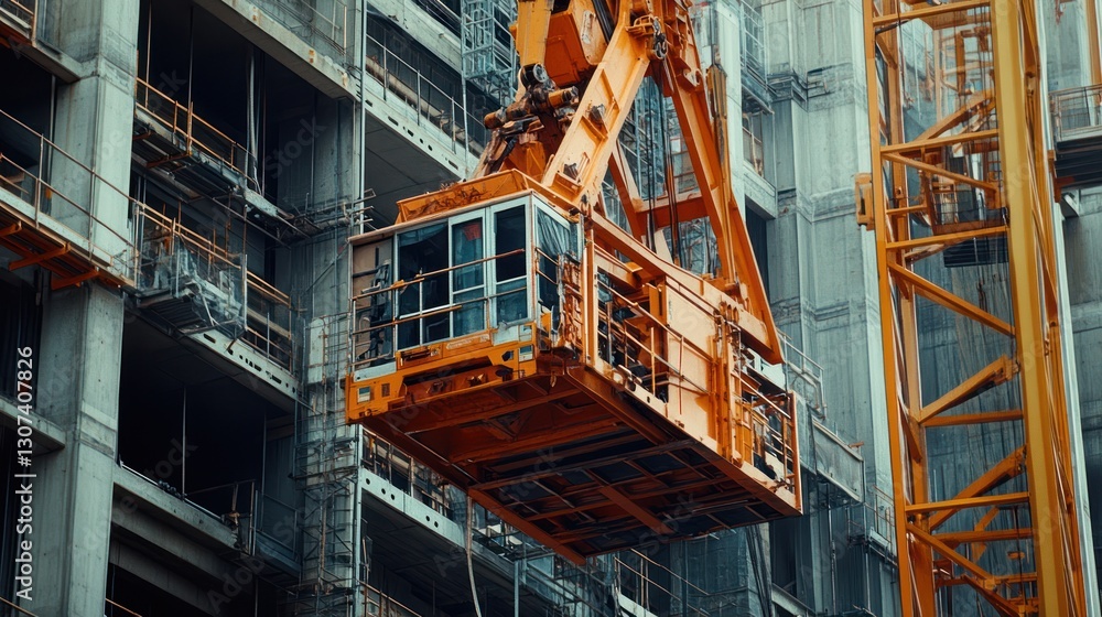 Orange construction crane lift suspended against building. Orange construction crane lift suspended against building.