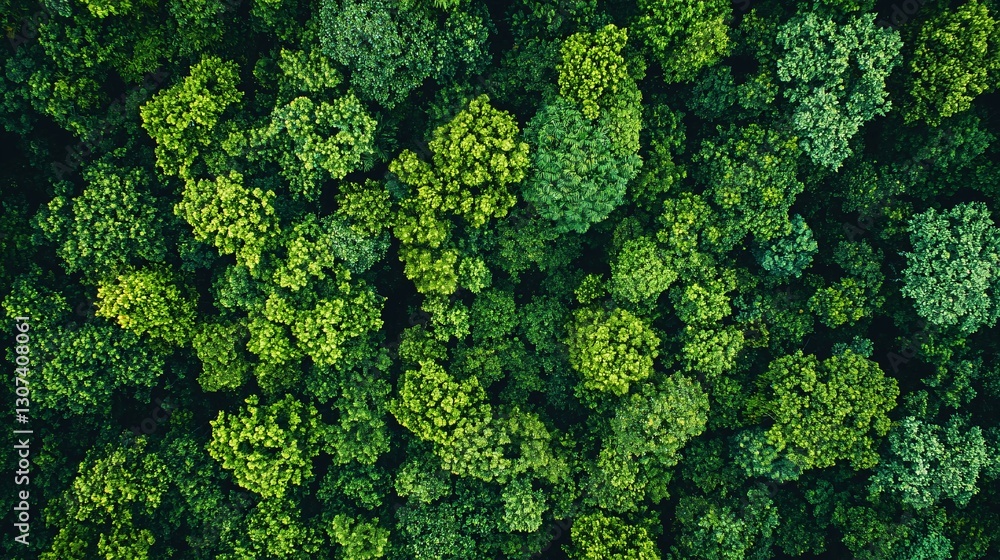 An aerial photograph of a forest canopy with varied green trees An aerial photograph of a forest canopy with varied green trees