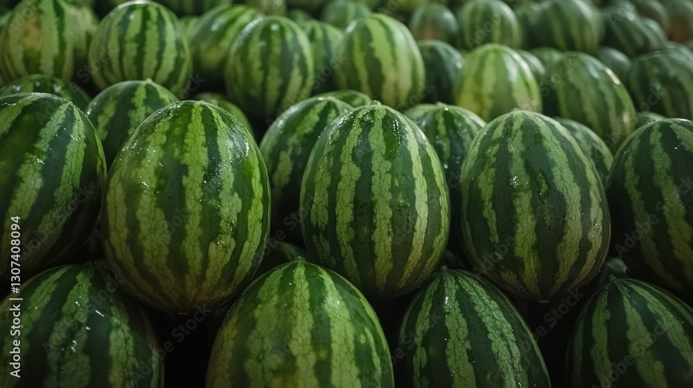 Freshly harvested watermelons displayed in a bustling market Freshly harvested watermelons displayed in a bustling market