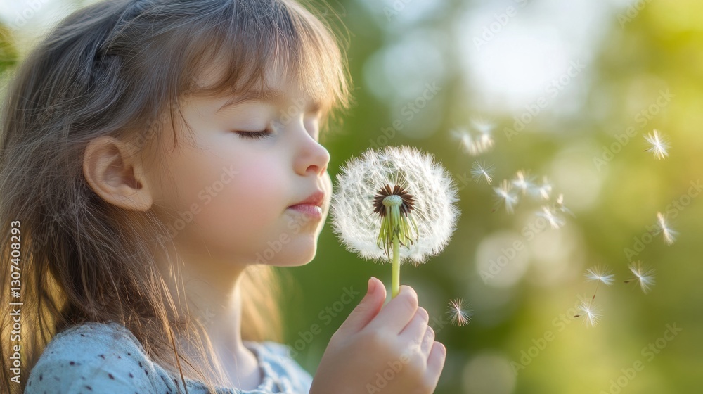 Young girl enjoying a dandelion in a sunlit garden Young girl enjoying a dandelion in a sunlit garden