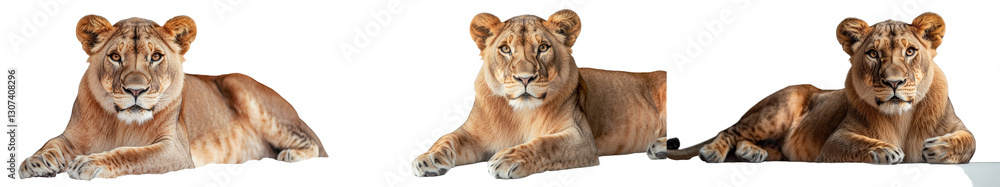 Fototapeta premium In this image, a lioness is shown in solitude on a white background, while other mammals are also presented in isolation on white, all rendered in a highly realistic photographic manner