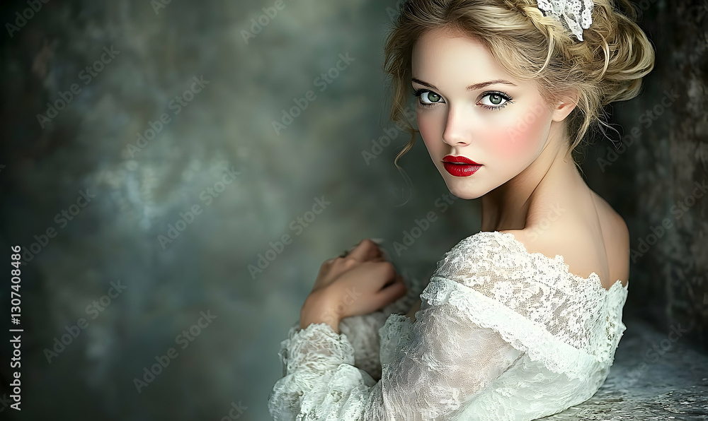 Elegant ethereal beauty portrait with intricate lace gown and red lipstick Elegant ethereal beauty portrait with intricate lace gown and red lipstick