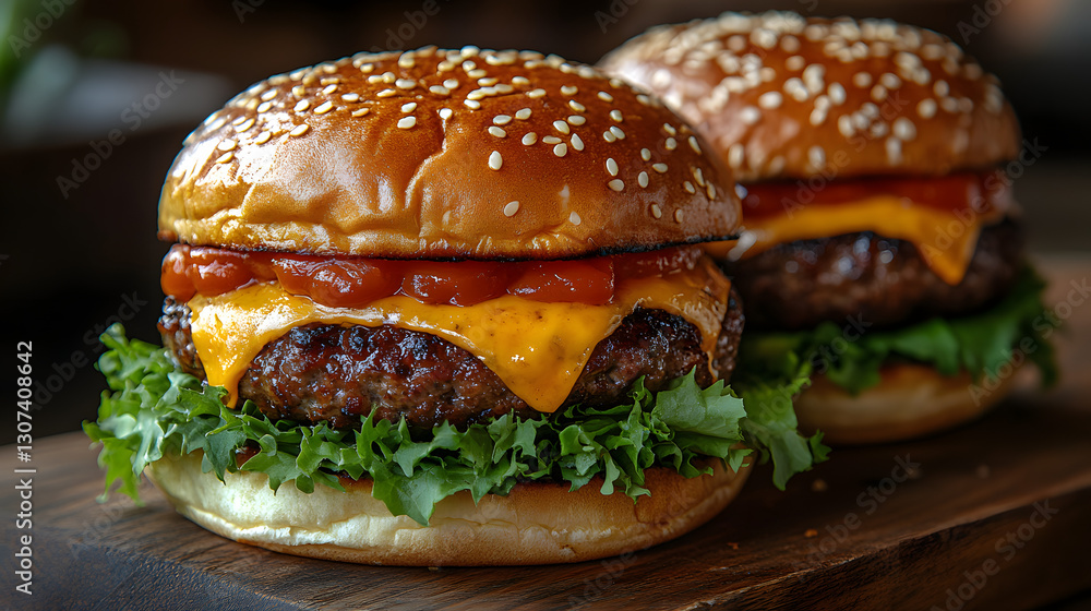 A large hamburger with lettuce and tomato on top of a bun A large hamburger with lettuce and tomato on top of a bun