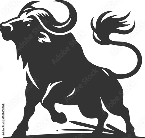 A buffalo with tail whipping aggressively animal vector silhouette