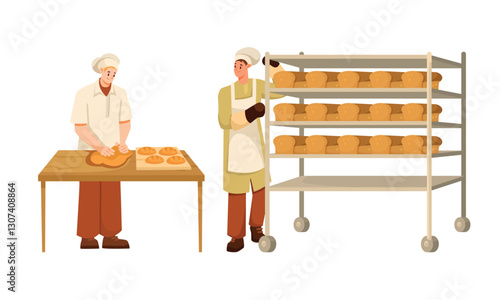 Man Bread Bakers in Uniform and Toque Baking Pastry Vector Set