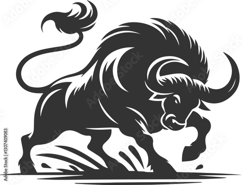 A buffalo with tail whipping aggressively animal vector silhouette