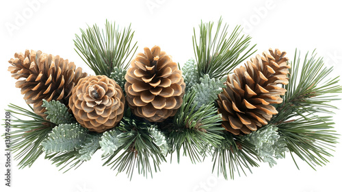 Pine Cones and Pine Branches Isolated on White Background