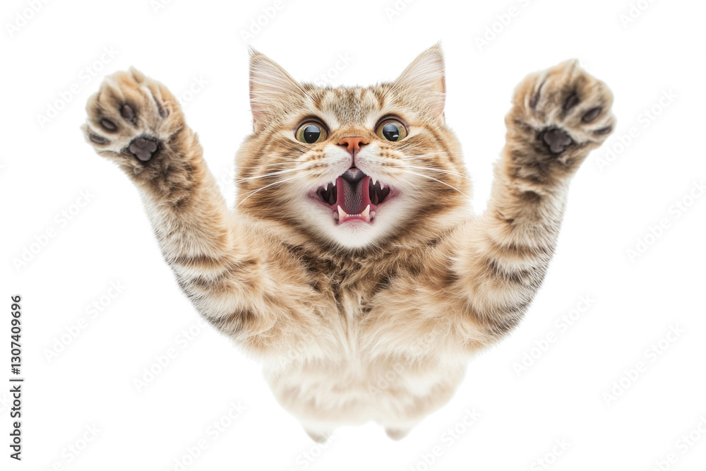 Obraz premium Playful cat jumping with excitement against a bright white background capturing the spirit of feline curiosity,cut out 