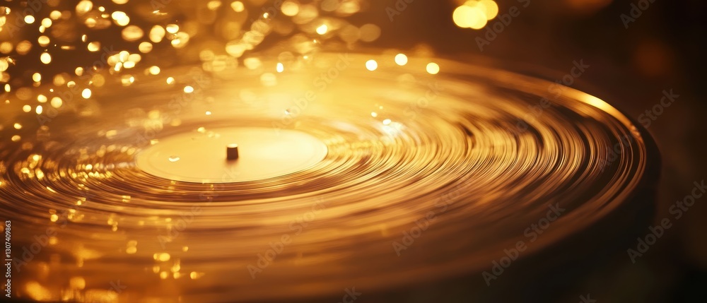 Close-Up View of Spinning Vinyl Record with Beautiful Golden Bokeh and Sparkles, Creating a Warm and Inviting Atmosphere for Music Lovers Close-Up View of Spinning Vinyl Record with Beautiful Golden Bokeh and Sparkles, Creating a Warm and Inviting Atmosphere for Music Lovers