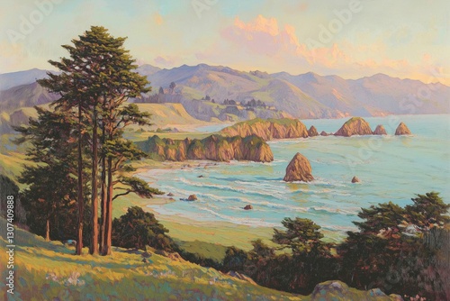A scenic view of a coastal landscape featuring rocky formations and lush greenery.