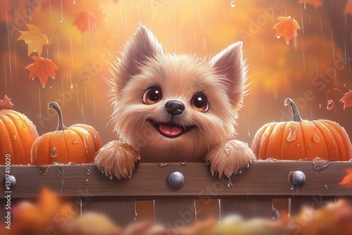 A cheerful dog peeking over a wooden fence surrounded by pumpkins and autumn leaves.