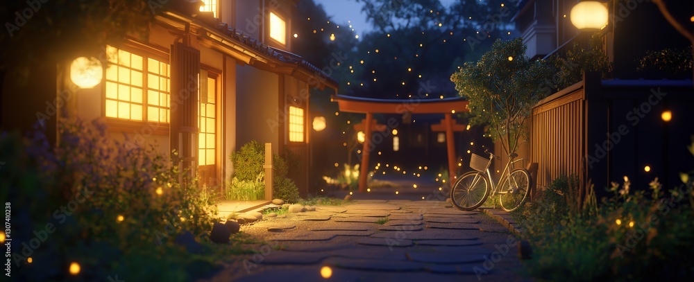 Obraz premium A tranquil Japanese street scene at dusk featuring traditional houses, a bicycle, and soft glowing lights. Concept of peaceful evening ambiance.