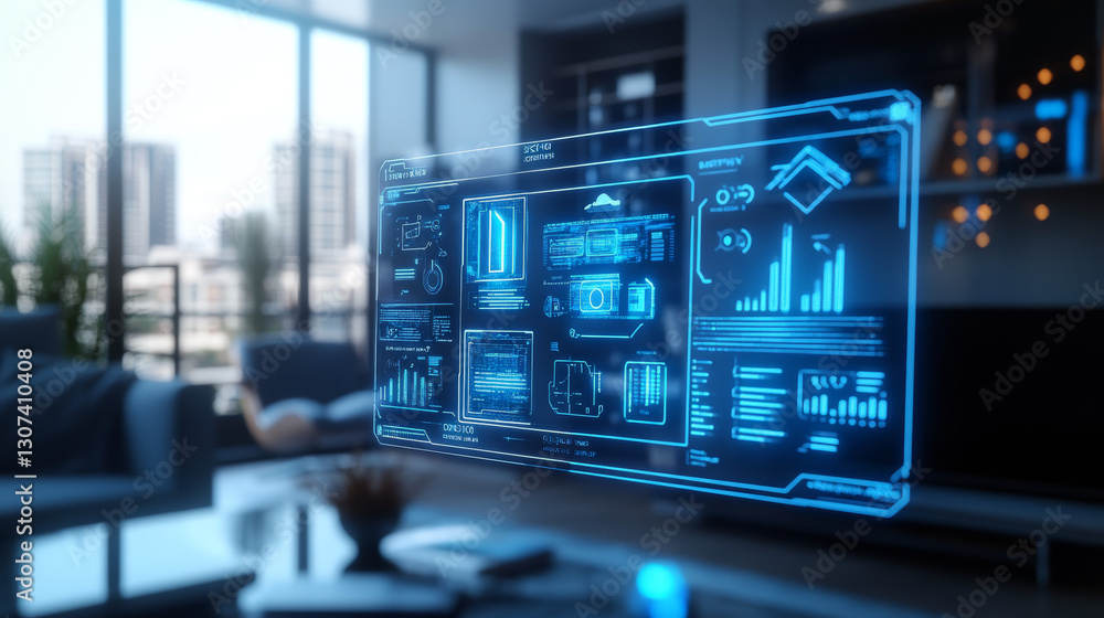 Futuristic Smart Home Interface Displaying Data Analytics in Modern Living Room Futuristic Smart Home Interface Displaying Data Analytics in Modern Living Room