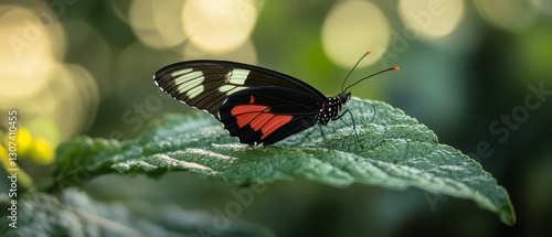 Butterfly resting on green leaf macro shot nature photography forest environment close-up perspective wildlife concept photo