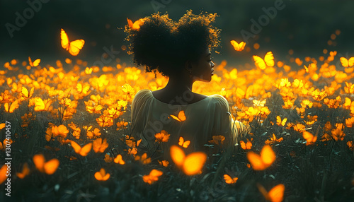 A dreamy portrait of a young woman immersed in a field of golden butterflies