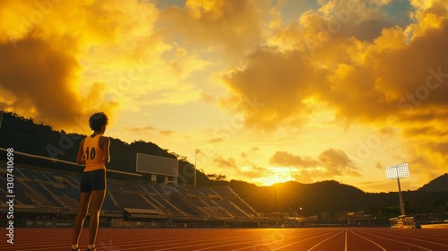 Athlete Standing on Track with Dramatic Sunset in Background