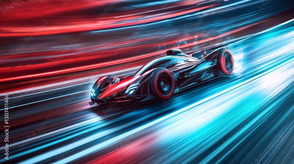 Futuristic Racing Car in Motion with Dynamic Lighting Effects Futuristic Racing Car in Motion with Dynamic Lighting Effects