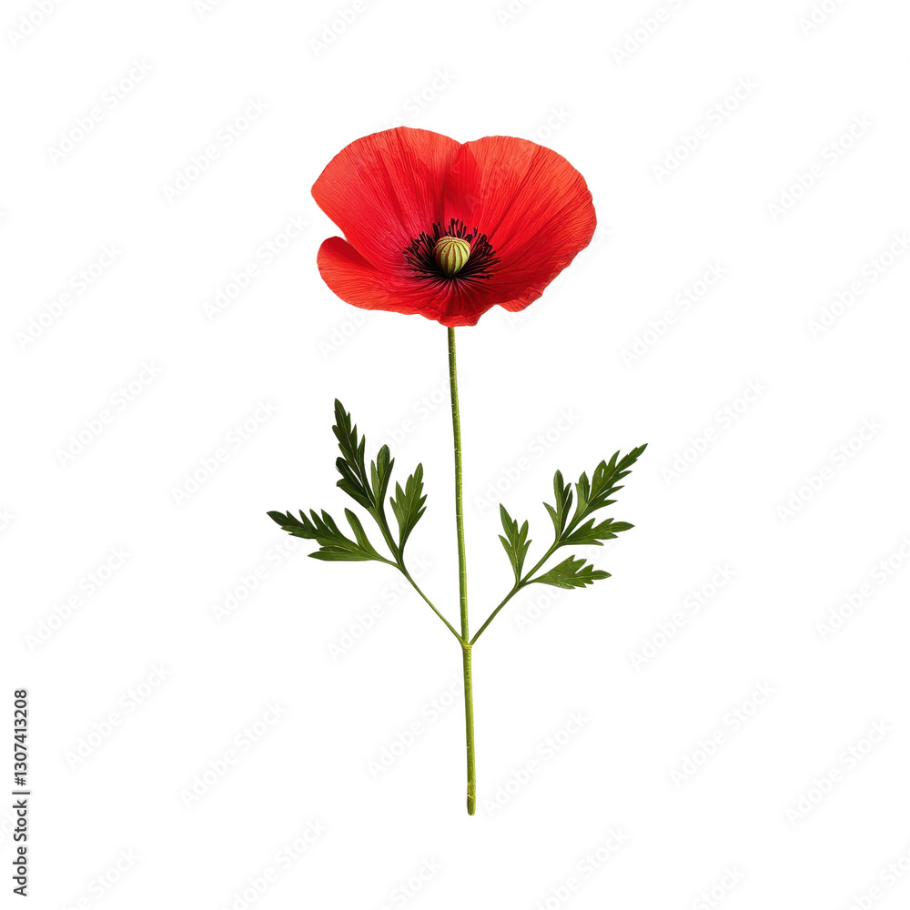 Obraz premium Vibrant red poppy flower with green leaves