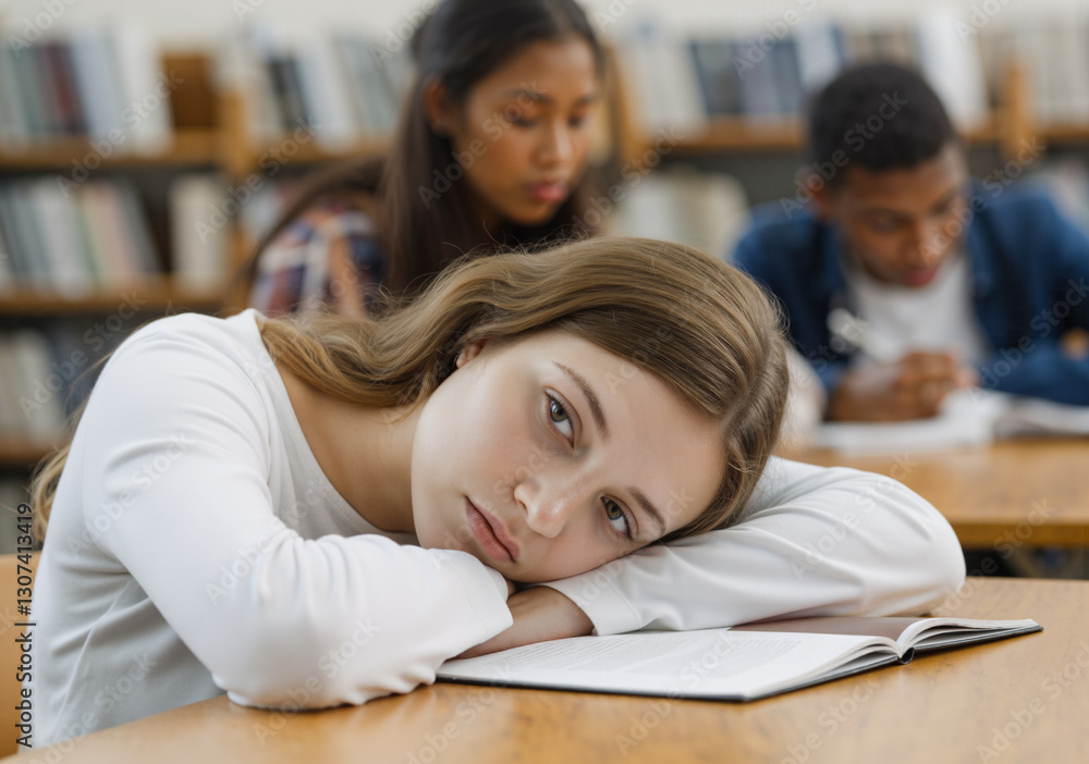Exhausted student resting head on textbook in library, classmates studying in background Exhausted student resting head on textbook in library, classmates studying in background