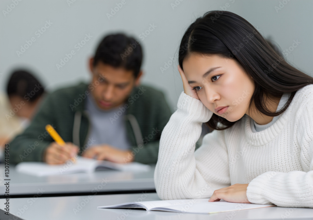 Young asian student looking stressed and tired while taking a university exam, feeling bored and struggling with the questions Young asian student looking stressed and tired while taking a university exam, feeling bored and struggling with the questions