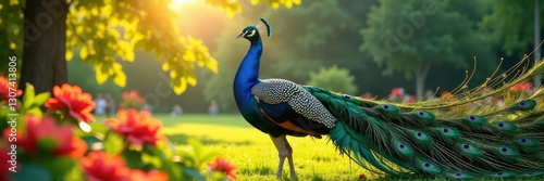 Peacock's majestic spread of feathers against a sunlit garden, flowers, peacock