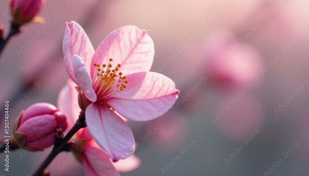 Fototapeta premium Pastel pink petals unfurl on a delicate branch, spring flowers, soothing, soft focus