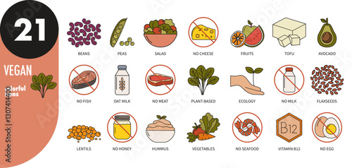 Colorful vegan diet thin line icons. Plant-based, fruits, vegetables, beans, tofu, salad, oat milk, peas, lentils, avocado, no meat, no fish, no seafood, no diary, vector illustration
