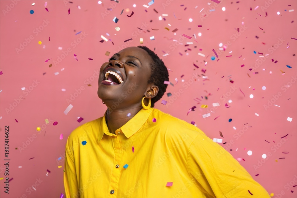 Joyful Celebration: A radiant individual of African descent, illuminated against a vibrant pink background, celebrates amidst a cascade of colorful confetti. Joyful Celebration: A radiant individual of African descent, illuminated against a vibrant pink background, celebrates amidst a cascade of colorful confetti.