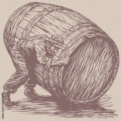 Vector illustration in vintage engraving style depicting a person rolling a large wooden barrel. traditional brewery or winery labor.