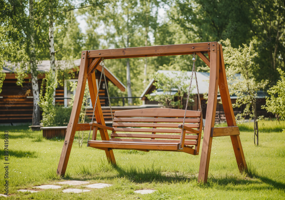 Empty wooden swing set standing in green grassy backyard of vacation cottages on sunny summer day Empty wooden swing set standing in green grassy backyard of vacation cottages on sunny summer day